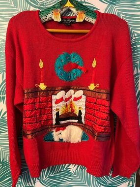 Work in Progress by Gladys Bagley Red Holiday Fireplace Appliqué dog sweater szM